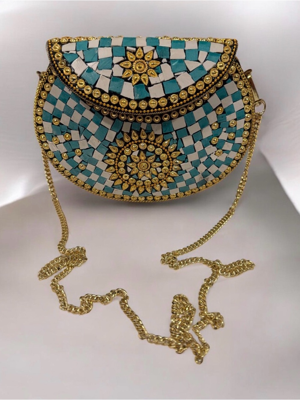 Ramla Turquoise Mosaic Beaded Crossbody Bag with Gold Accents